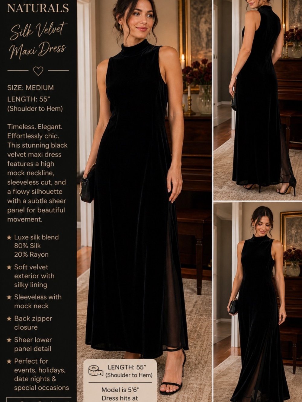 🖤 Vintage-Inspired Black Velvet Maxi Dress – Finity Naturals 🖤